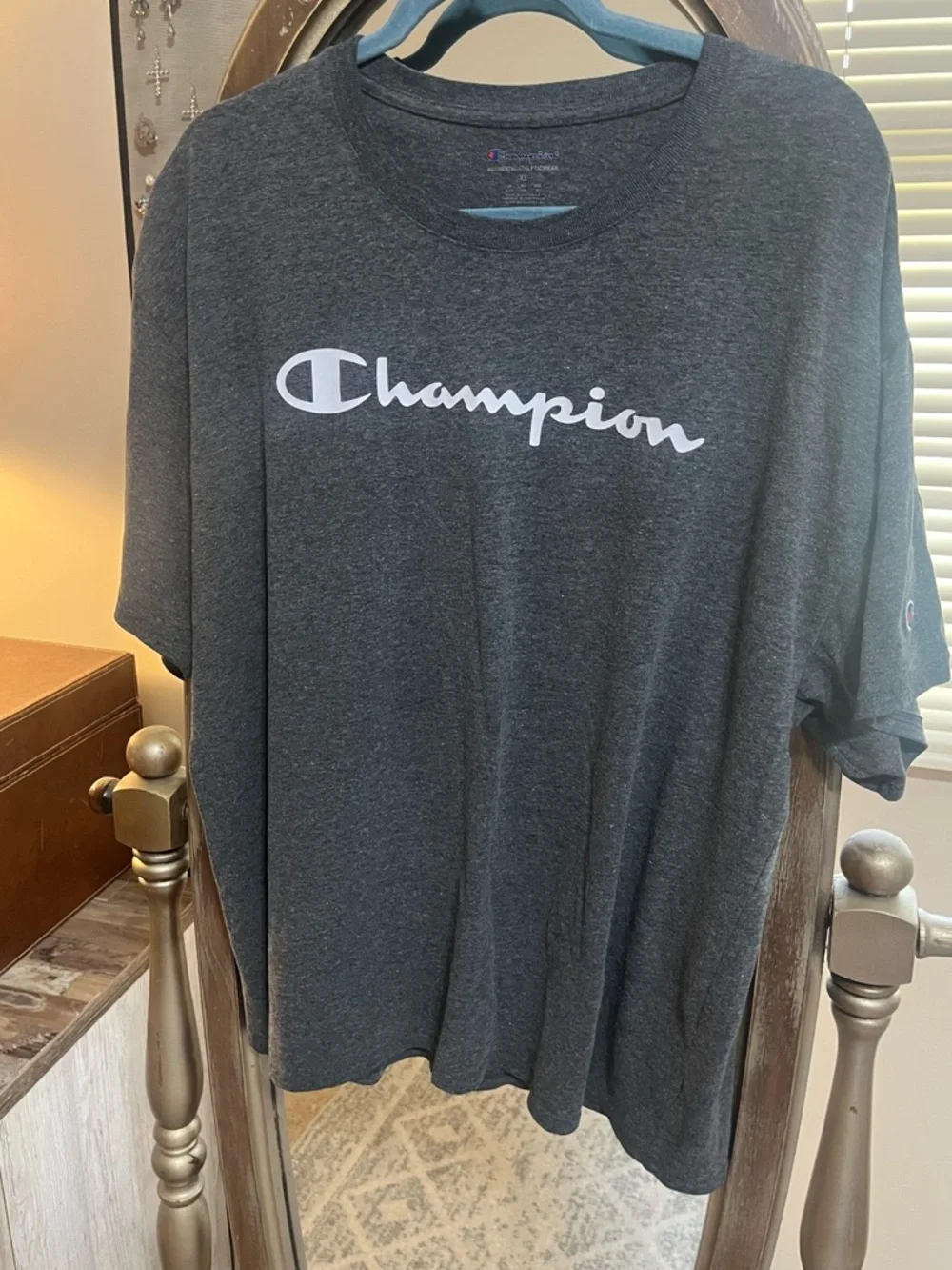 Champion Heather Charcoal Crewneck Tee with Blue Logo Accent - Picture 1 of 3